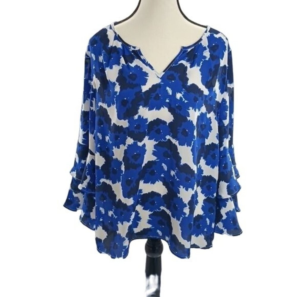 Banana Republic Blouse Blue Floral Ruffle Sleeve V Neck Womens Size Medium
